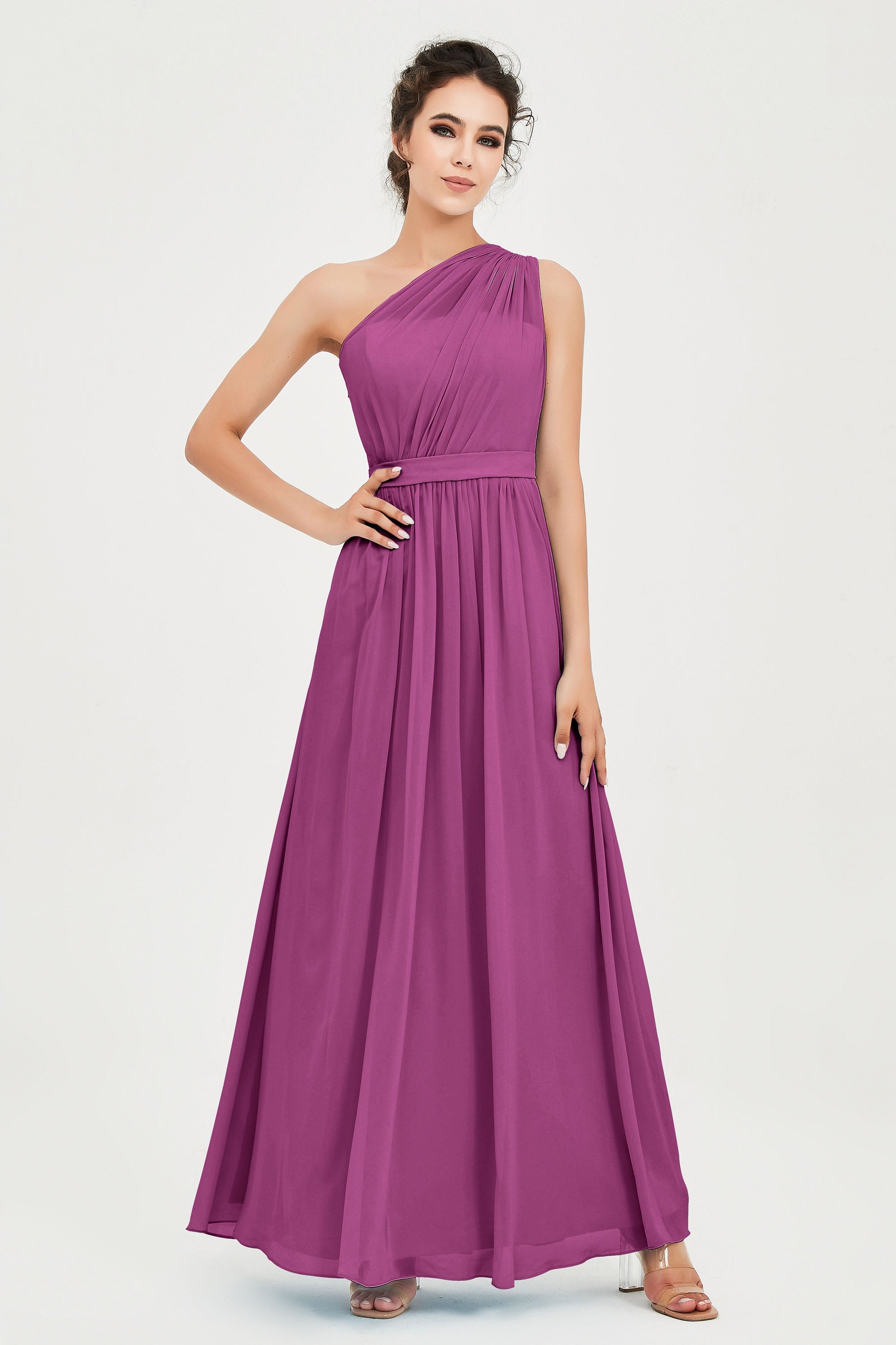 One Shoulder Chiffon Bridesmaid Dress Floor Length Ruched A Line Formal Evening Prom Gowns