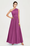 One Shoulder Chiffon Bridesmaid Dress Floor Length Ruched A Line Formal Evening Prom Gowns