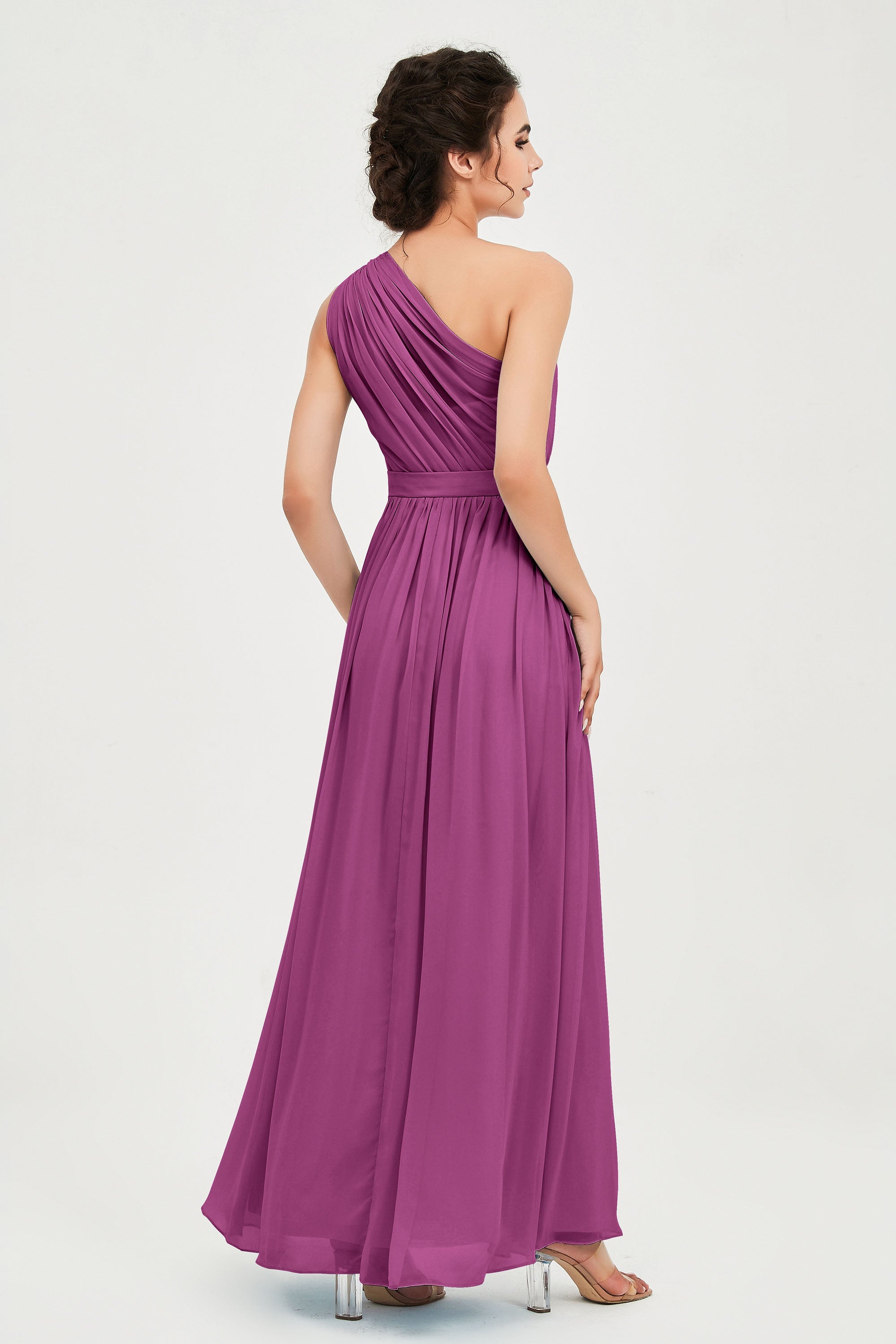 One Shoulder Chiffon Bridesmaid Dress Floor Length Ruched A Line Formal Evening Prom Gowns