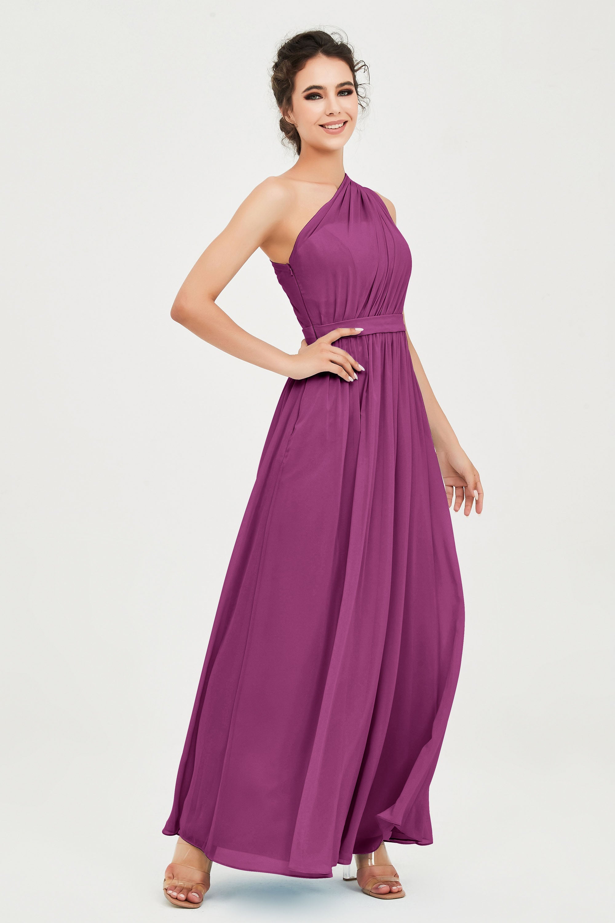 One Shoulder Chiffon Bridesmaid Dress Floor Length Ruched A Line Formal Evening Prom Gowns