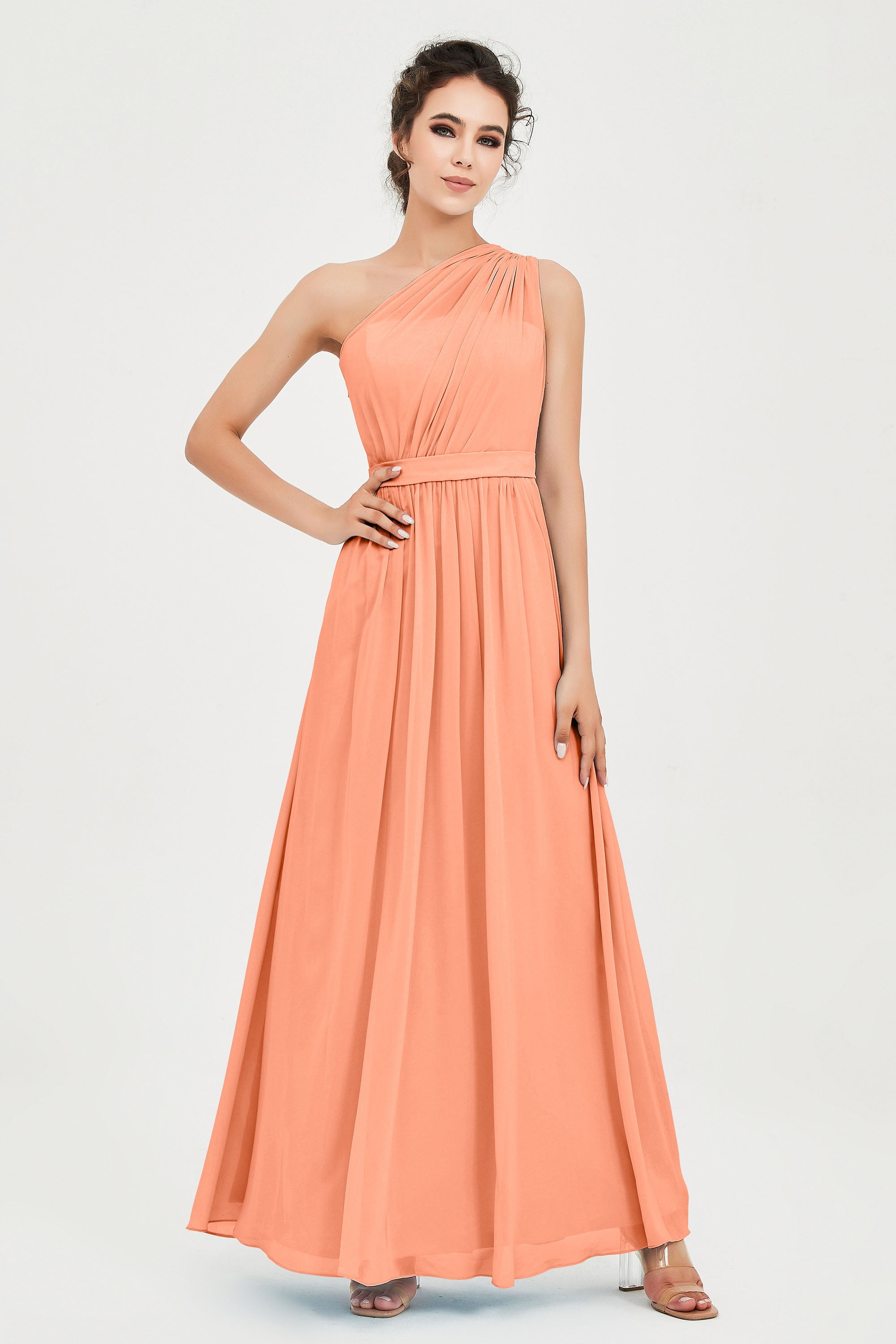 One Shoulder Chiffon Bridesmaid Dress Floor Length Ruched A Line Formal Evening Prom Gowns