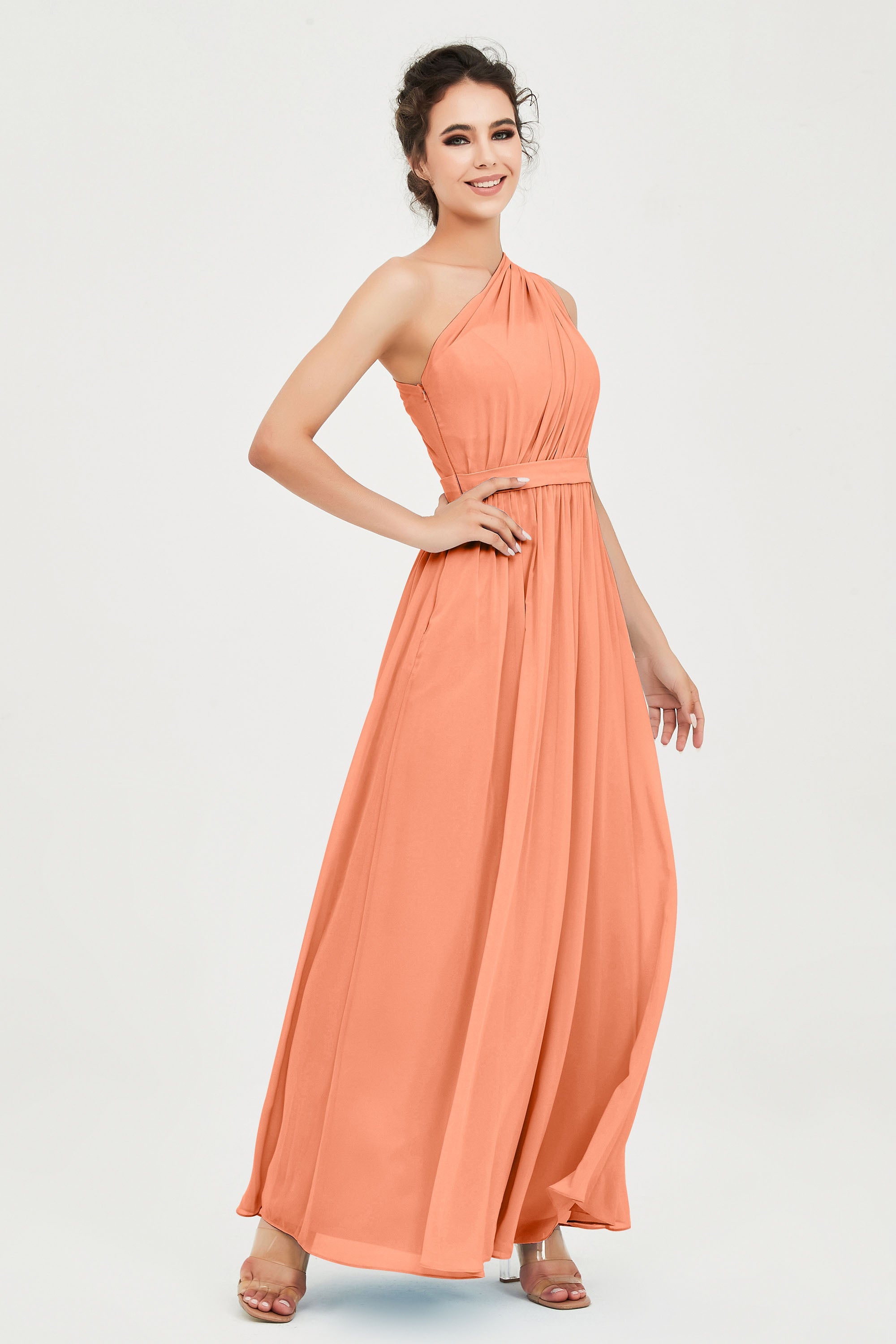 One Shoulder Chiffon Bridesmaid Dress Floor Length Ruched A Line Formal Evening Prom Gowns