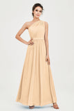 One Shoulder Chiffon Bridesmaid Dress Floor Length Ruched A Line Formal Evening Prom Gowns