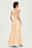 One Shoulder Chiffon Bridesmaid Dress Floor Length Ruched A Line Formal Evening Prom Gowns