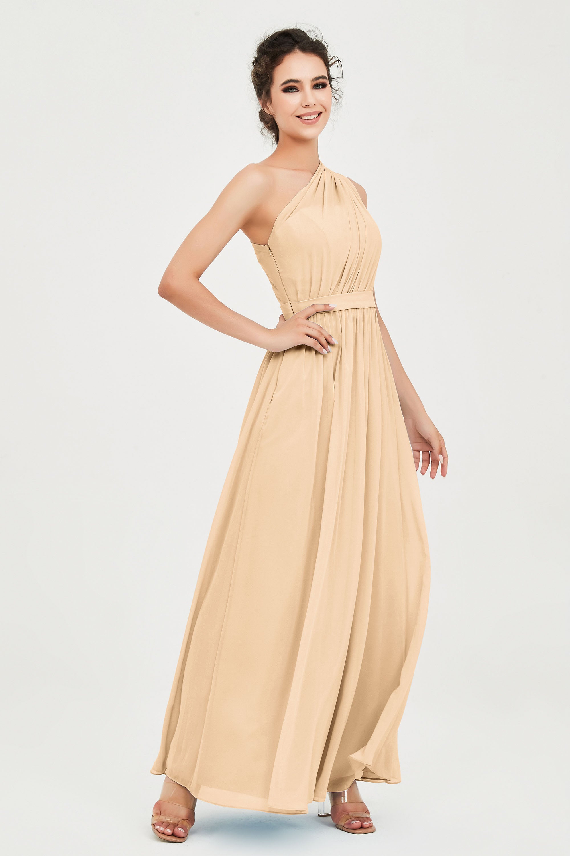 One Shoulder Chiffon Bridesmaid Dress Floor Length Ruched A Line Formal Evening Prom Gowns