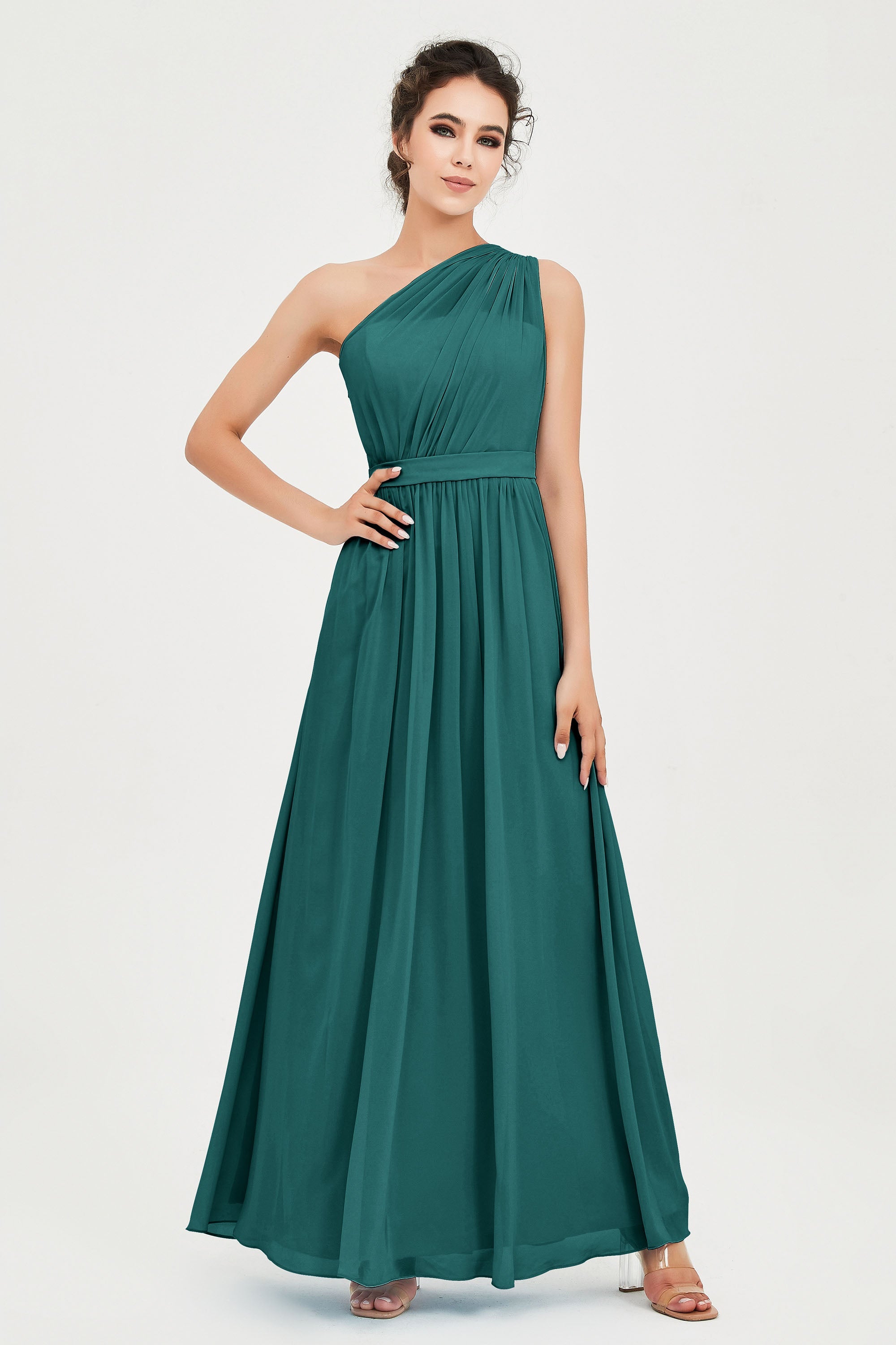 One Shoulder Chiffon Bridesmaid Dress Floor Length Ruched A Line Formal Evening Prom Gowns
