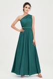One Shoulder Chiffon Bridesmaid Dress Floor Length Ruched A Line Formal Evening Prom Gowns