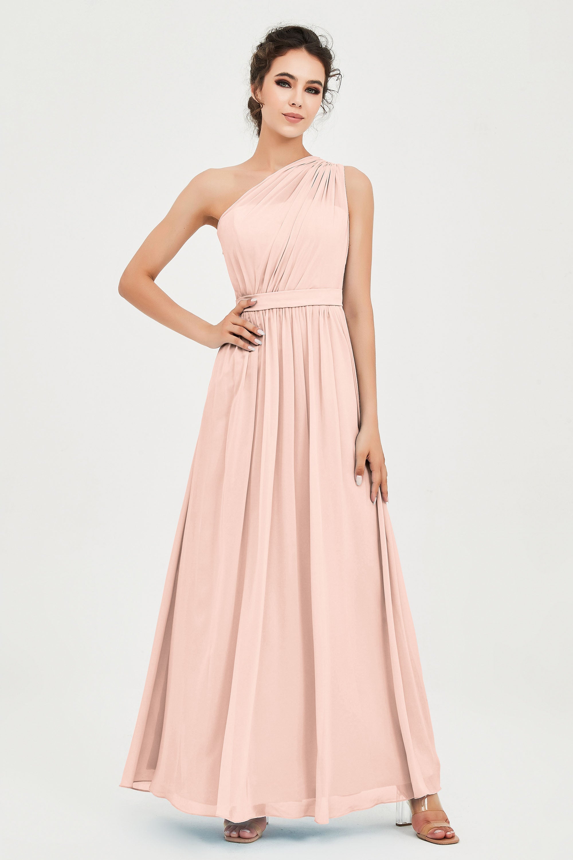 One Shoulder Chiffon Bridesmaid Dress Floor Length Ruched A Line Formal Evening Prom Gowns