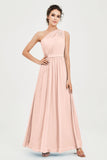 One Shoulder Chiffon Bridesmaid Dress Floor Length Ruched A Line Formal Evening Prom Gowns