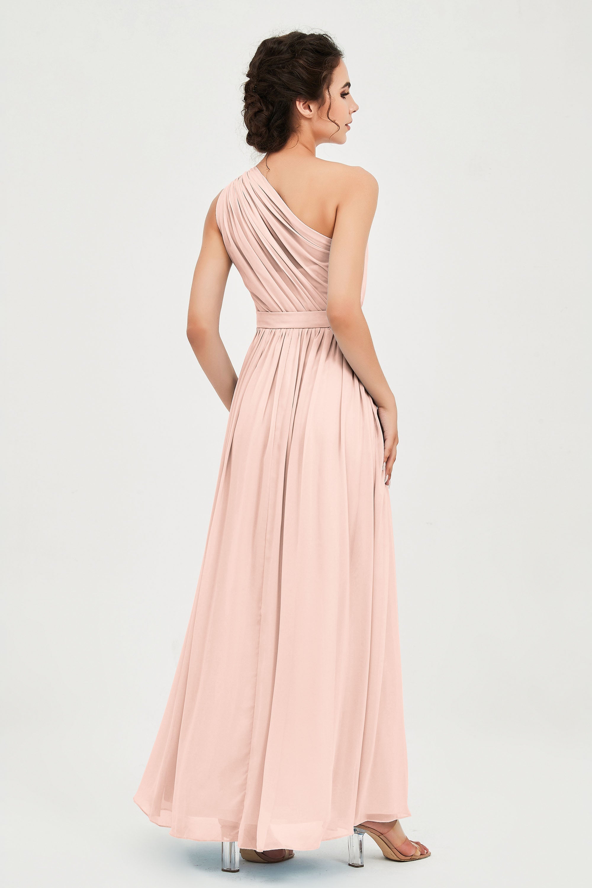 One Shoulder Chiffon Bridesmaid Dress Floor Length Ruched A Line Formal Evening Prom Gowns