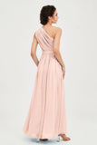 One Shoulder Chiffon Bridesmaid Dress Floor Length Ruched A Line Formal Evening Prom Gowns