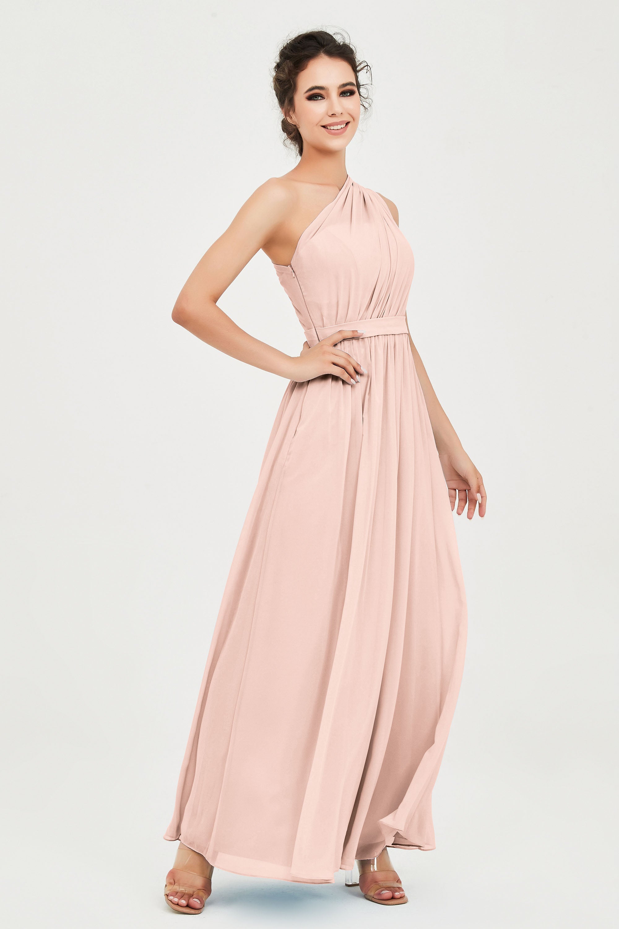 One Shoulder Chiffon Bridesmaid Dress Floor Length Ruched A Line Formal Evening Prom Gowns