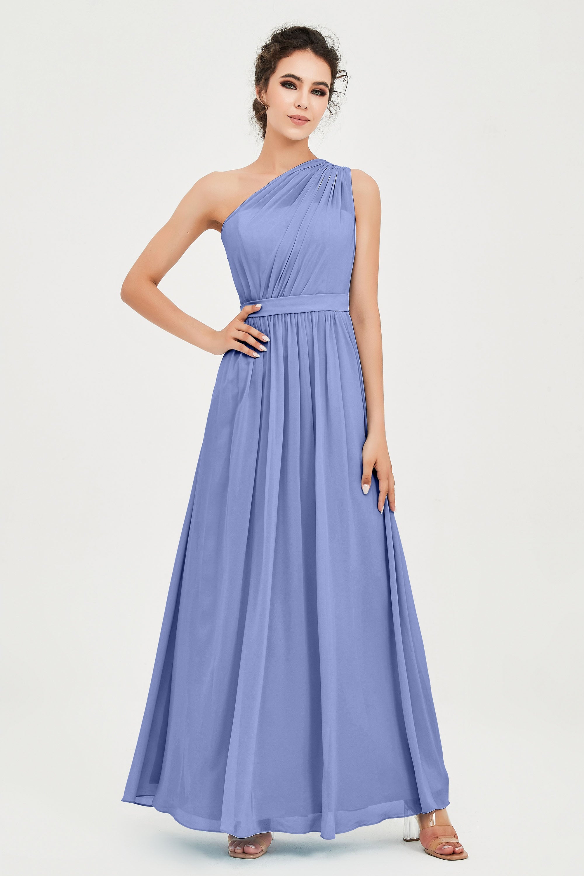 One Shoulder Chiffon Bridesmaid Dress Floor Length Ruched A Line Formal Evening Prom Gowns