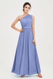 One Shoulder Chiffon Bridesmaid Dress Floor Length Ruched A Line Formal Evening Prom Gowns