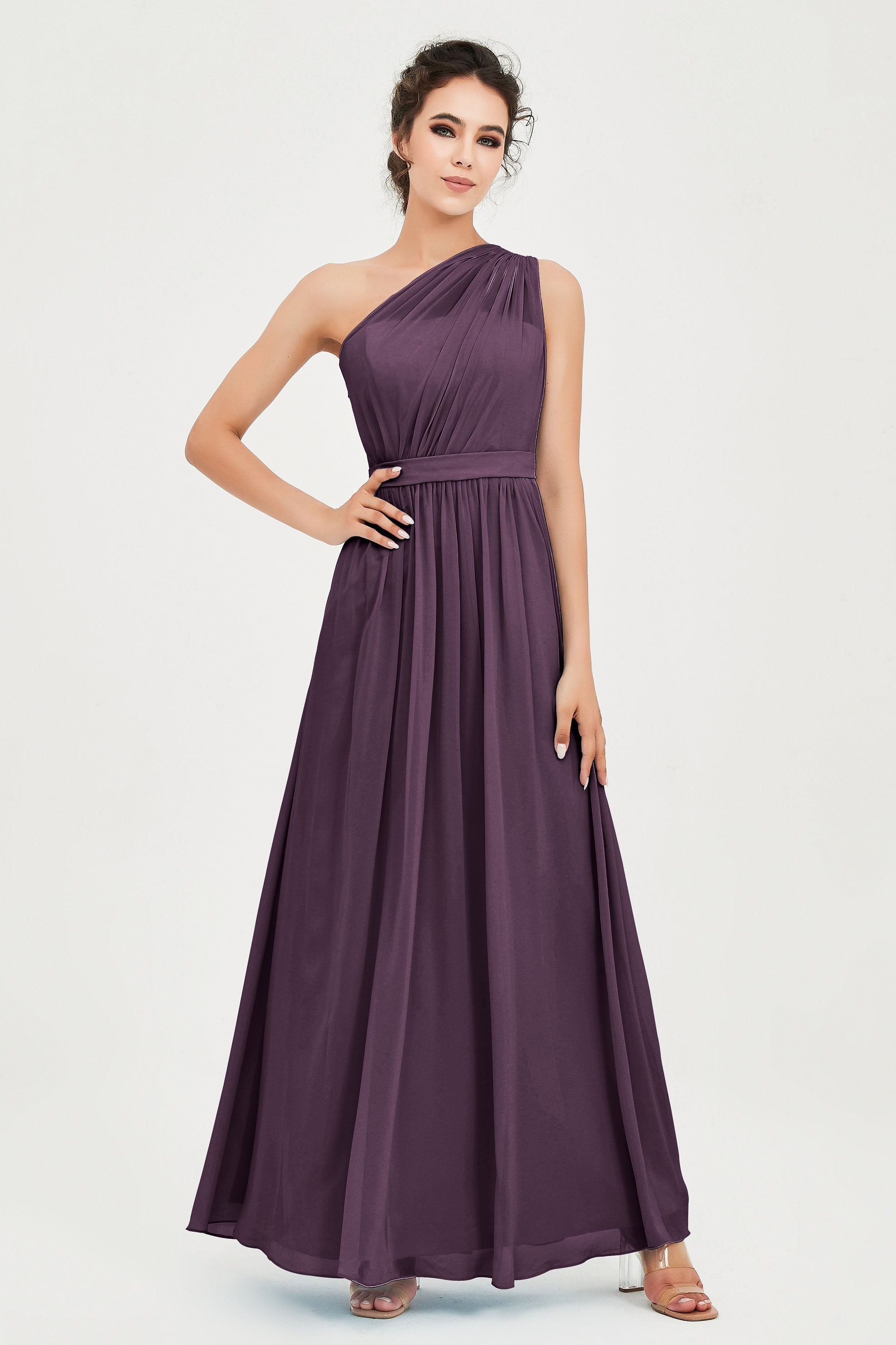 One Shoulder Chiffon Bridesmaid Dress Floor Length Ruched A Line Formal Evening Prom Gowns