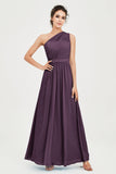 One Shoulder Chiffon Bridesmaid Dress Floor Length Ruched A Line Formal Evening Prom Gowns
