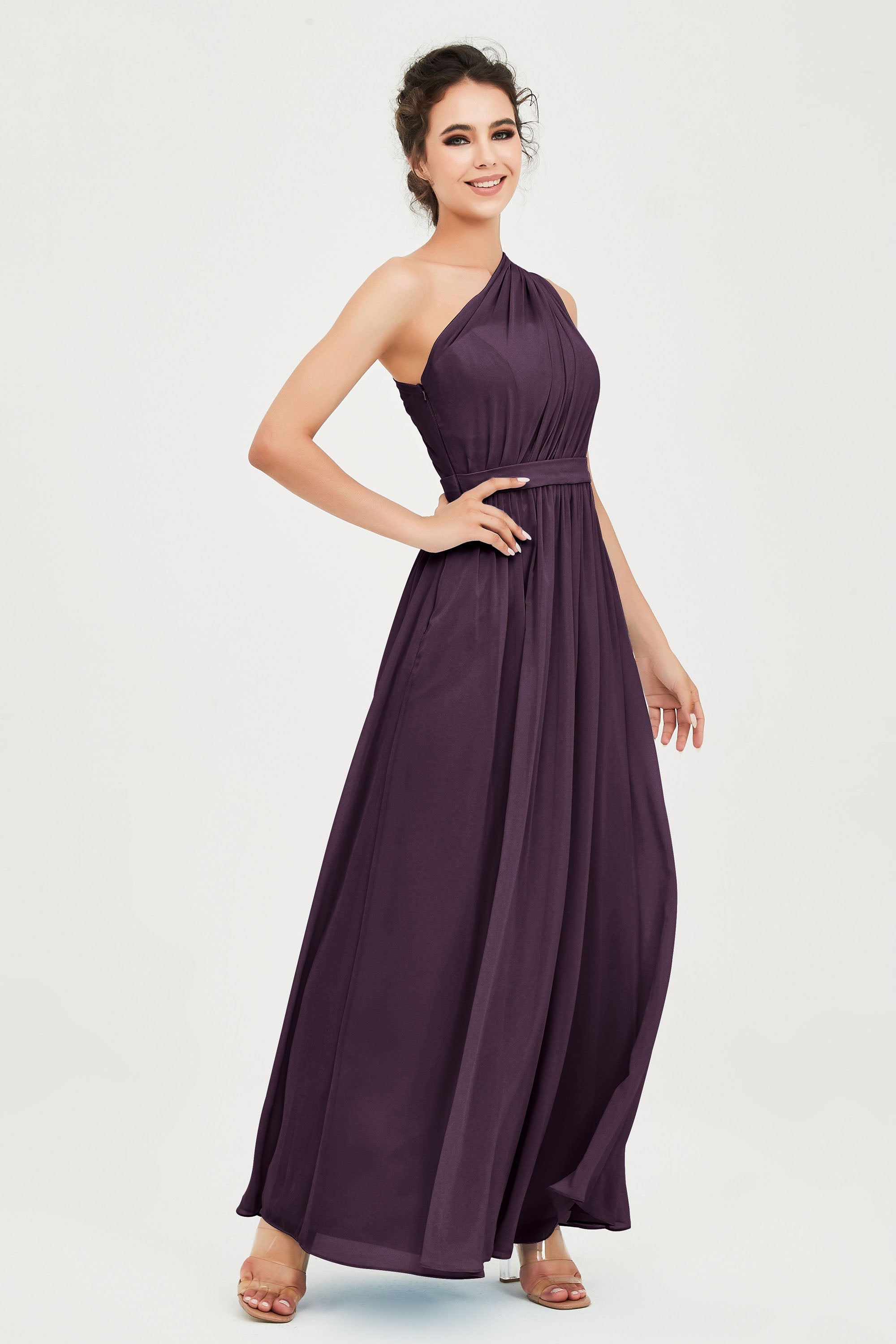 One Shoulder Chiffon Bridesmaid Dress Floor Length Ruched A Line Formal Evening Prom Gowns