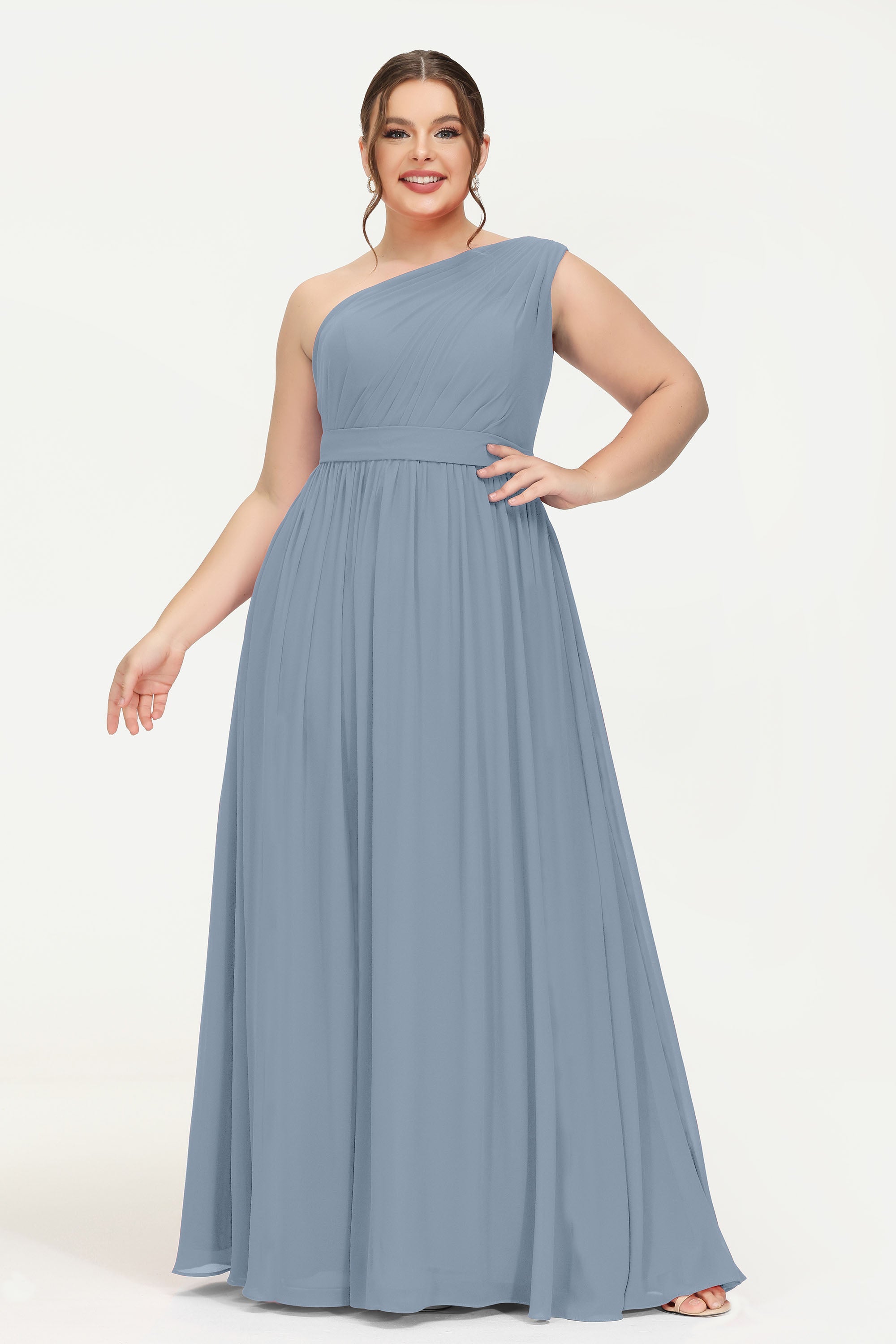 One Shoulder Chiffon Bridesmaid Dress Floor Length Ruched A Line Formal Evening Prom Gowns