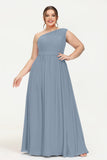 One Shoulder Chiffon Bridesmaid Dress Floor Length Ruched A Line Formal Evening Prom Gowns