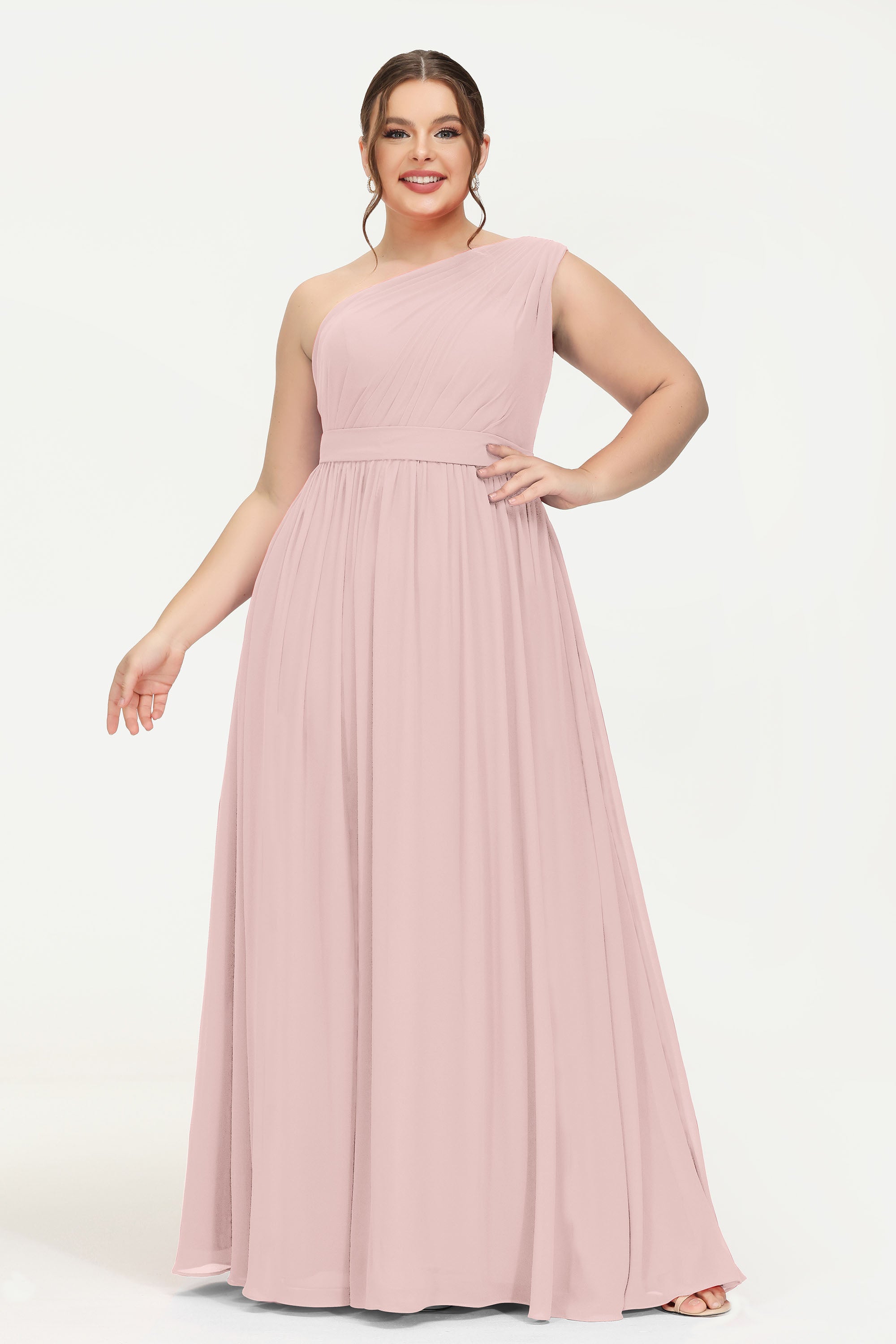 One Shoulder Chiffon Bridesmaid Dress Floor Length Ruched A Line Formal Evening Prom Gowns