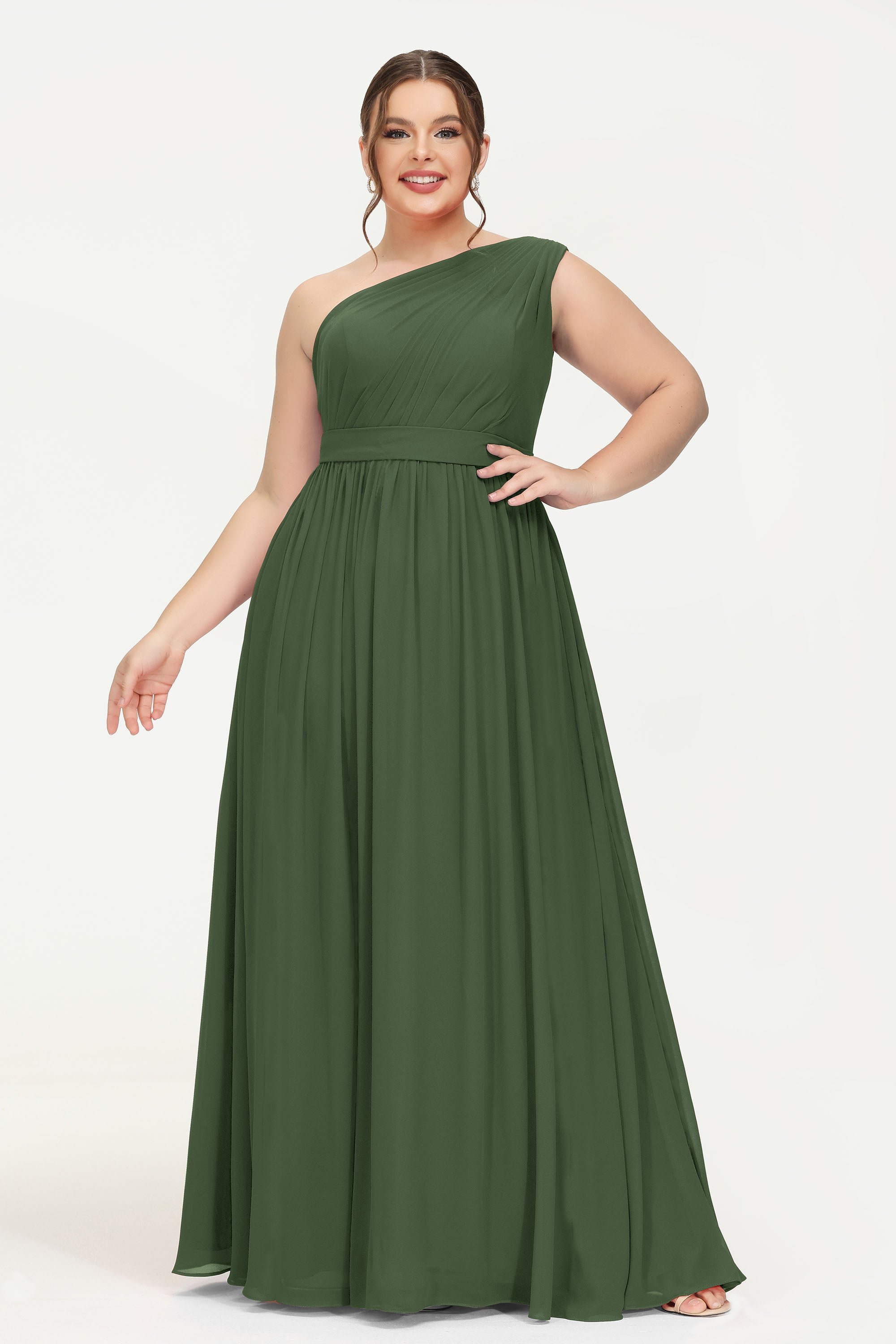 One Shoulder Chiffon Bridesmaid Dress Floor Length Ruched A Line Formal Evening Prom Gowns