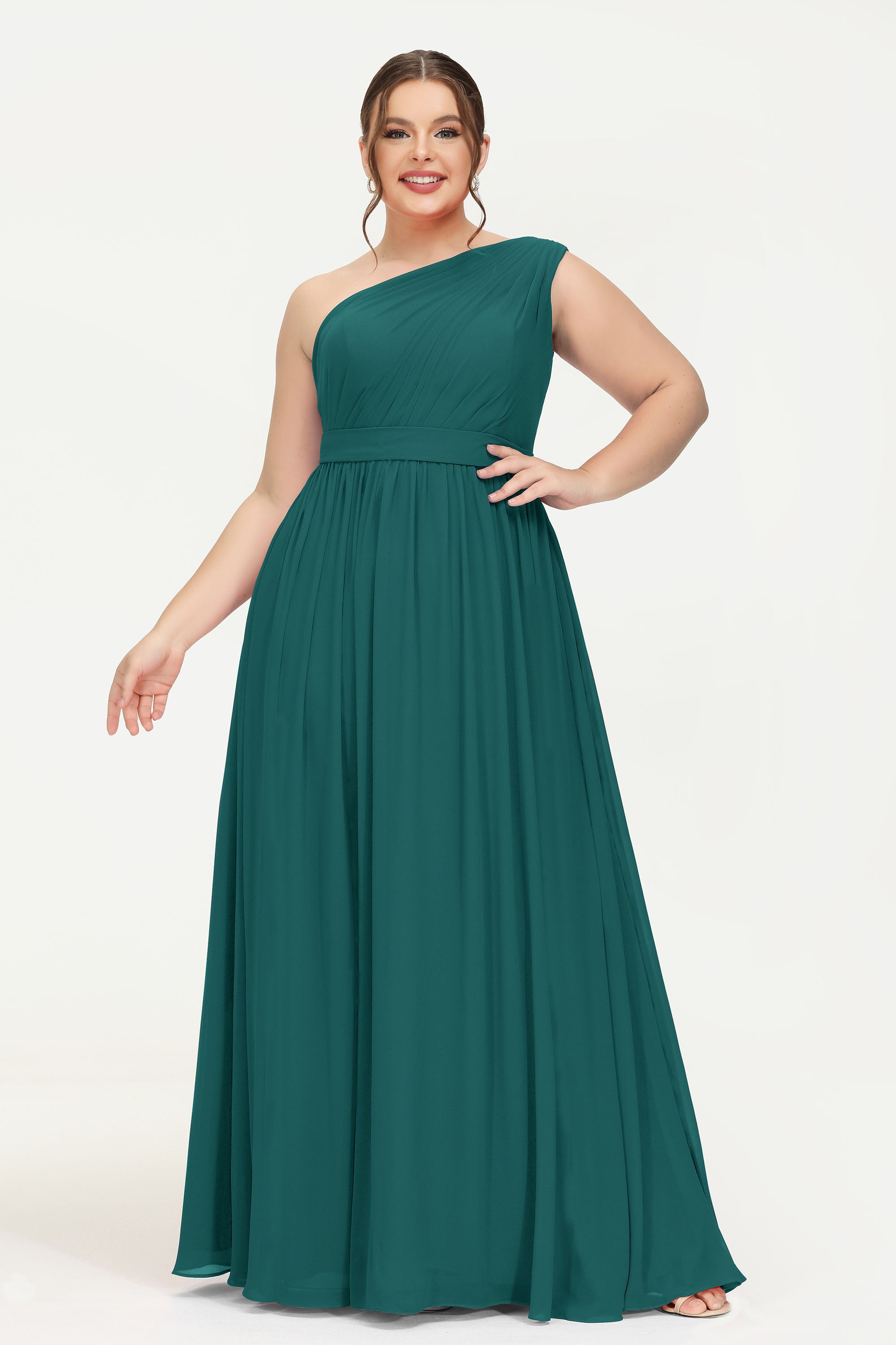One Shoulder Chiffon Bridesmaid Dress Floor Length Ruched A Line Formal Evening Prom Gowns