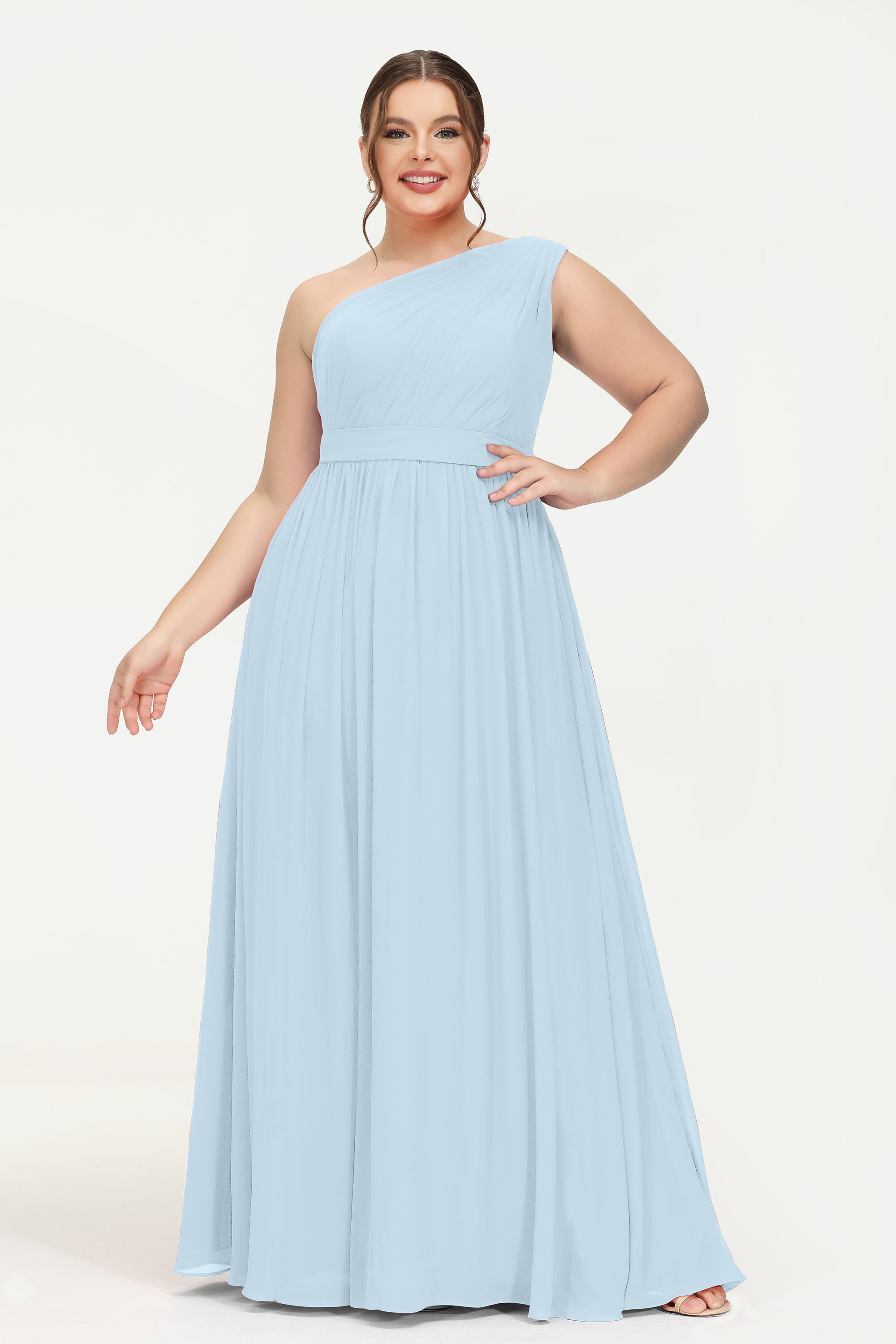 One Shoulder Chiffon Bridesmaid Dress Floor Length Ruched A Line Formal Evening Prom Gowns