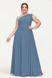 One Shoulder Chiffon Bridesmaid Dress Floor Length Ruched A Line Formal Evening Prom Gowns
