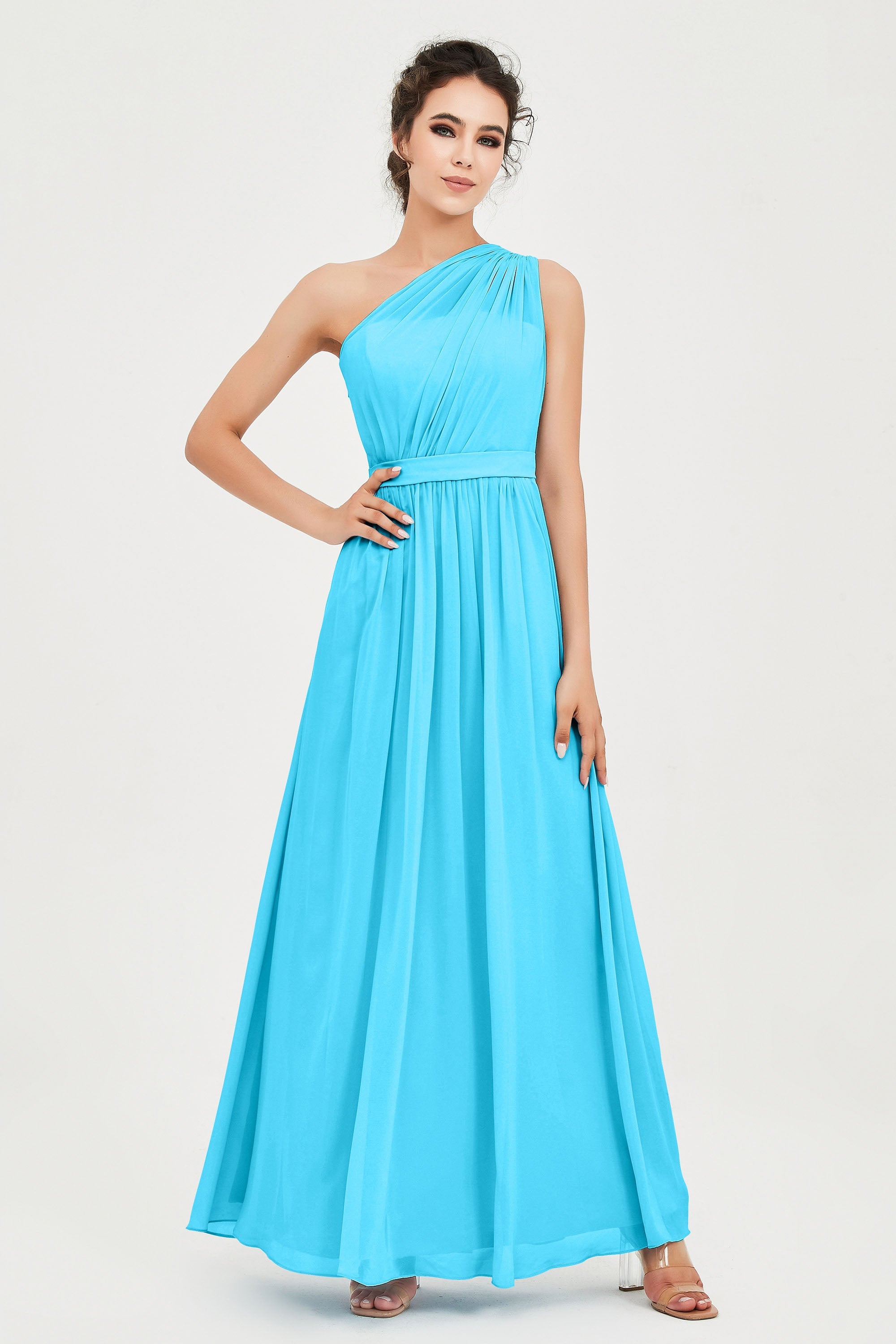 One Shoulder Chiffon Bridesmaid Dress Floor Length Ruched A Line Formal Evening Prom Gowns