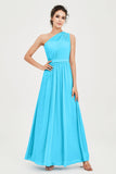 One Shoulder Chiffon Bridesmaid Dress Floor Length Ruched A Line Formal Evening Prom Gowns