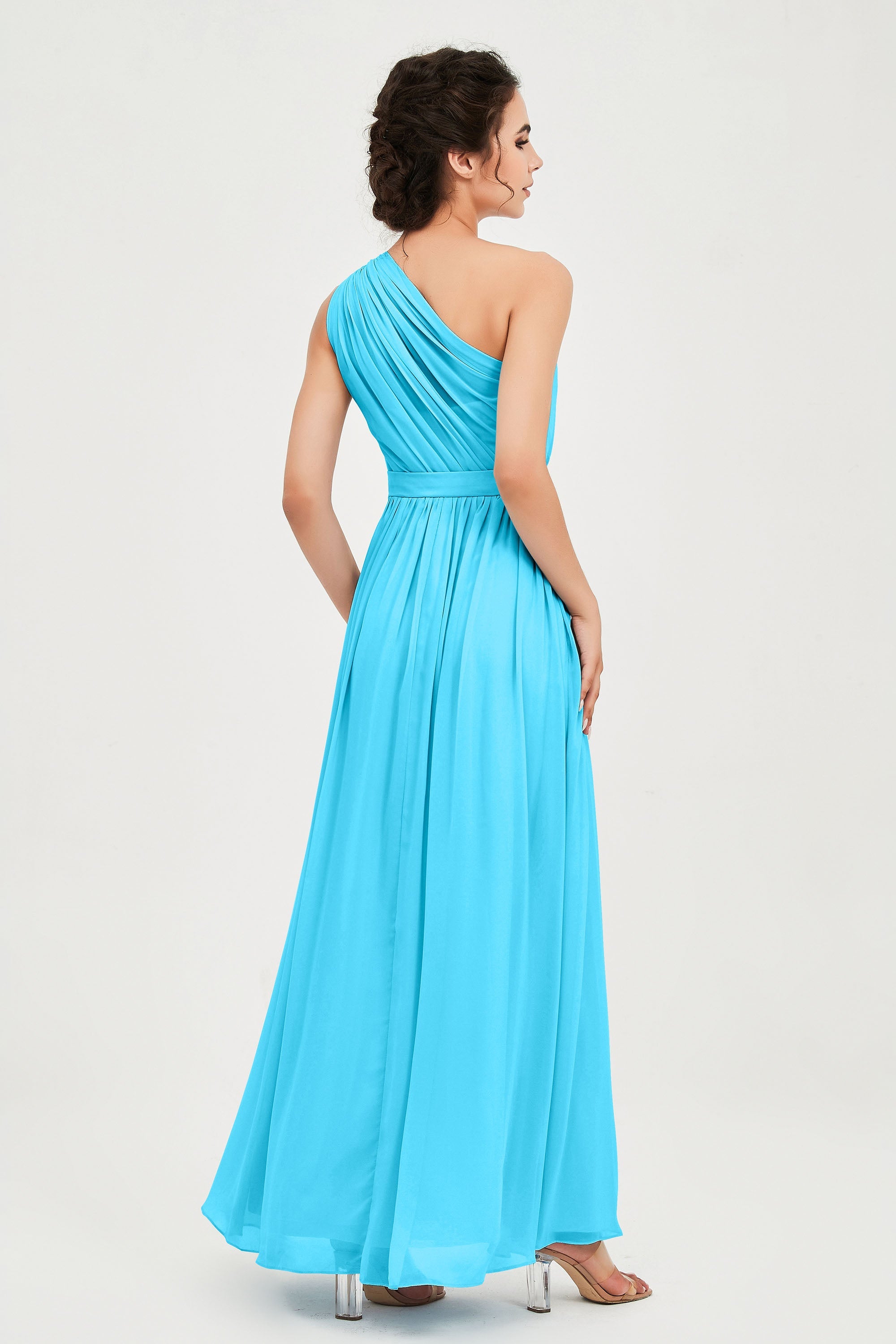 One Shoulder Chiffon Bridesmaid Dress Floor Length Ruched A Line Formal Evening Prom Gowns