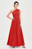 One Shoulder Chiffon Bridesmaid Dress Floor Length Ruched A Line Formal Evening Prom Gowns