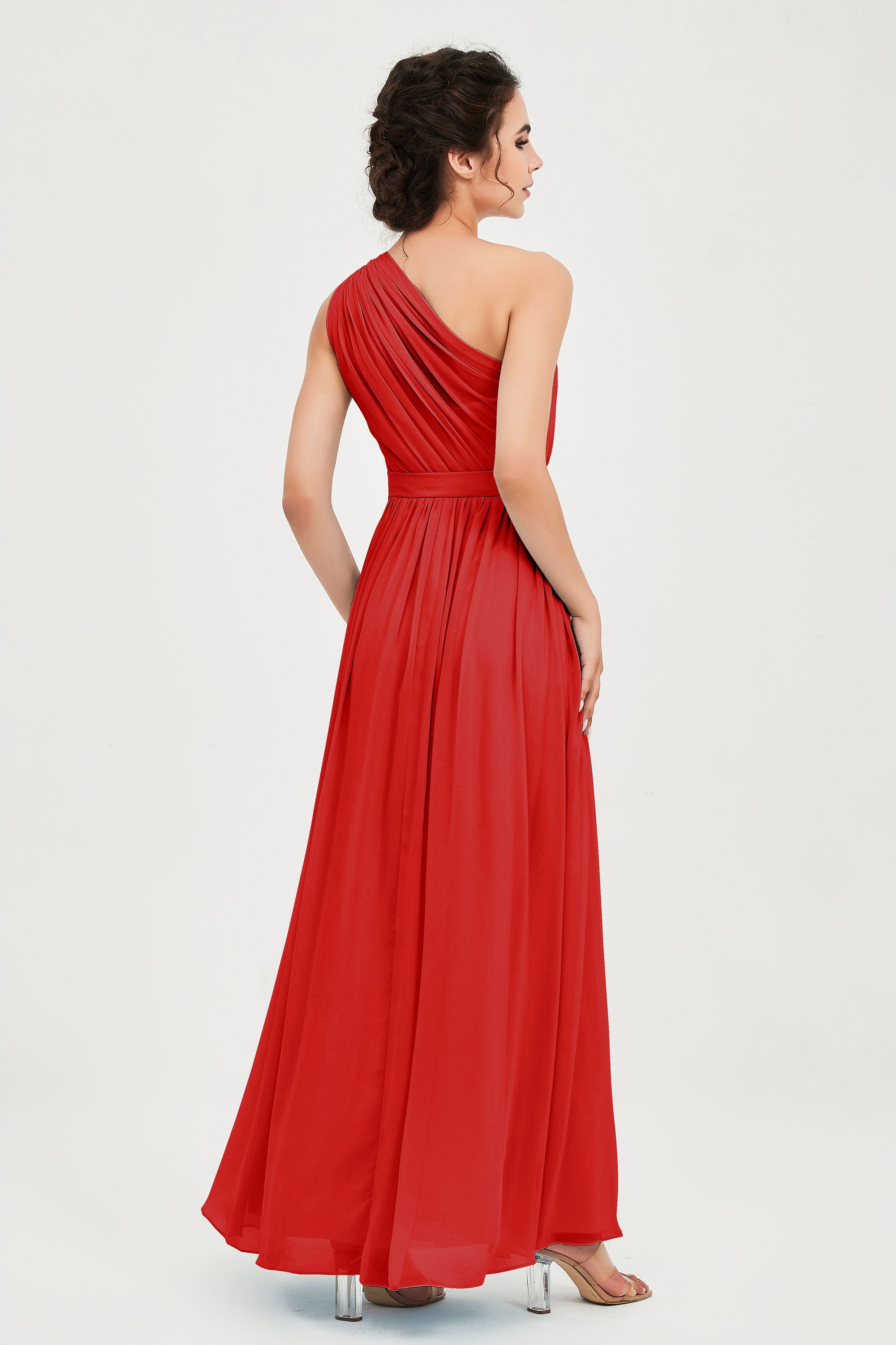 One Shoulder Chiffon Bridesmaid Dress Floor Length Ruched A Line Formal Evening Prom Gowns