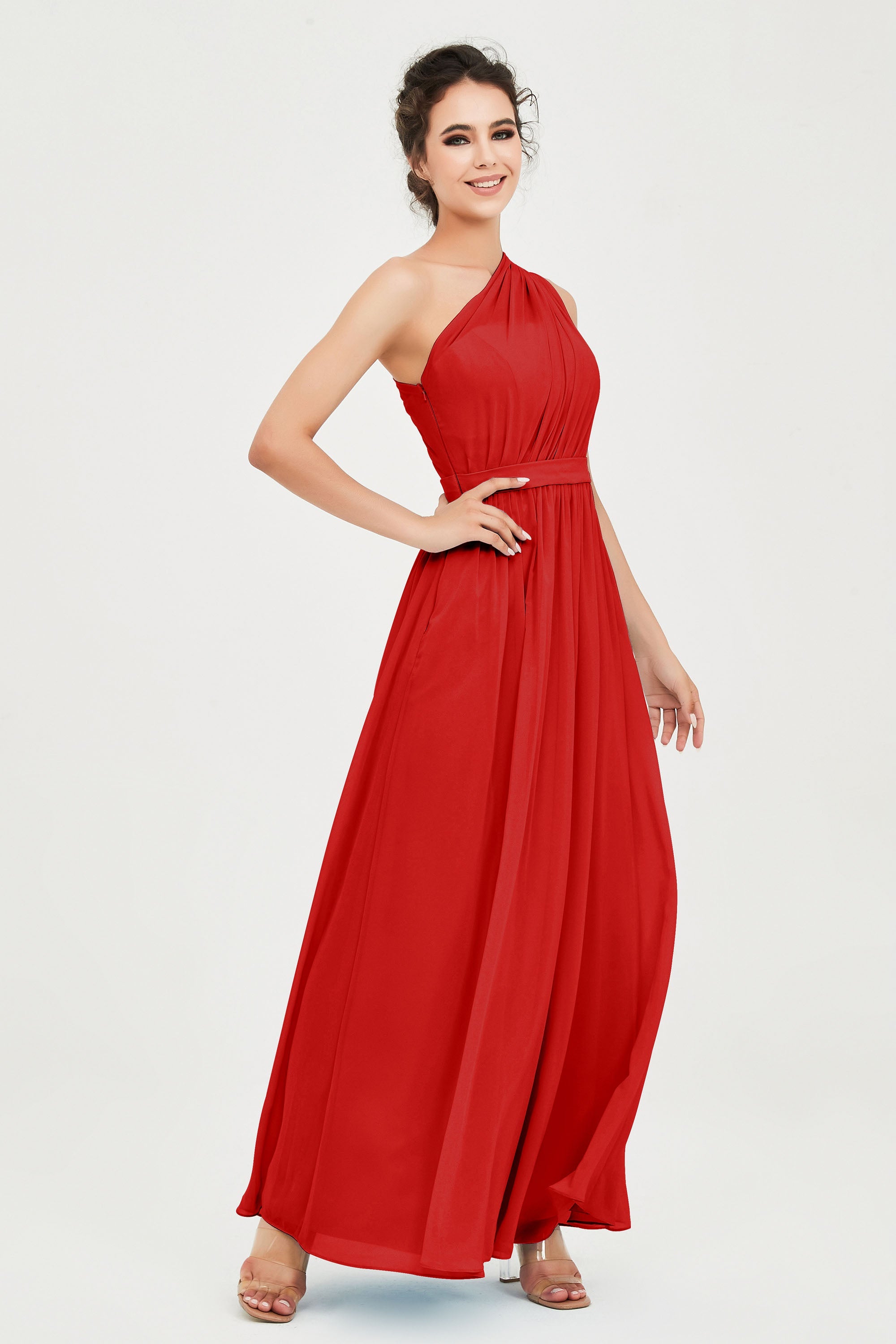 One Shoulder Chiffon Bridesmaid Dress Floor Length Ruched A Line Formal Evening Prom Gowns
