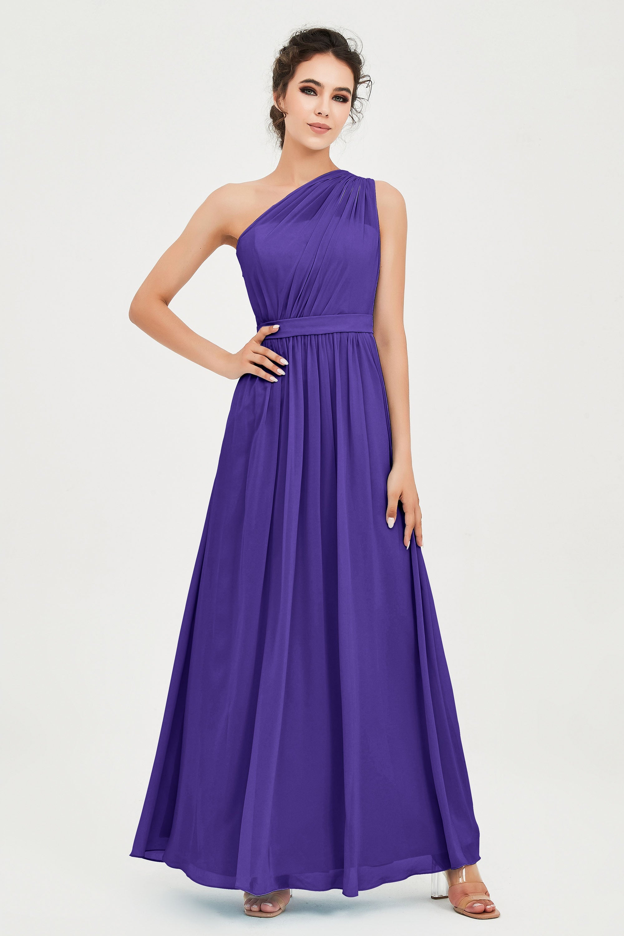 One Shoulder Chiffon Bridesmaid Dress Floor Length Ruched A Line Formal Evening Prom Gowns