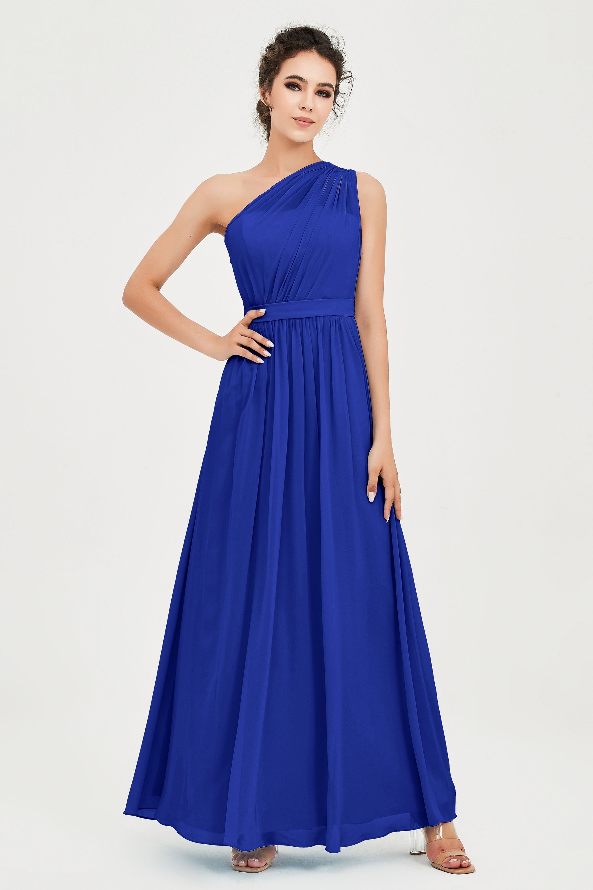 One Shoulder Chiffon Bridesmaid Dress Floor Length Ruched A Line Formal Evening Prom Gowns