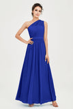 One Shoulder Chiffon Bridesmaid Dress Floor Length Ruched A Line Formal Evening Prom Gowns