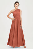 One Shoulder Chiffon Bridesmaid Dress Floor Length Ruched A Line Formal Evening Prom Gowns