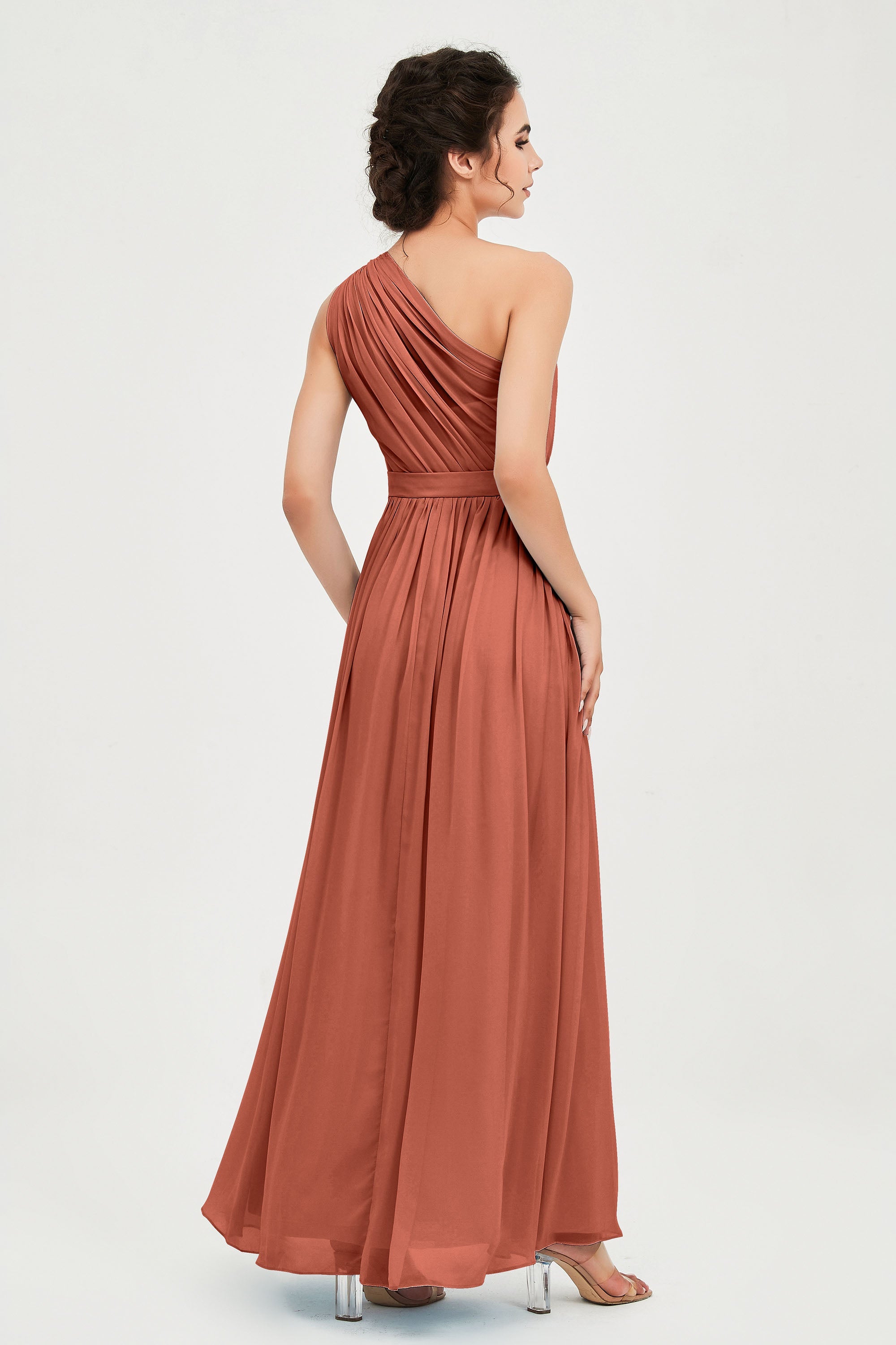 One Shoulder Chiffon Bridesmaid Dress Floor Length Ruched A Line Formal Evening Prom Gowns