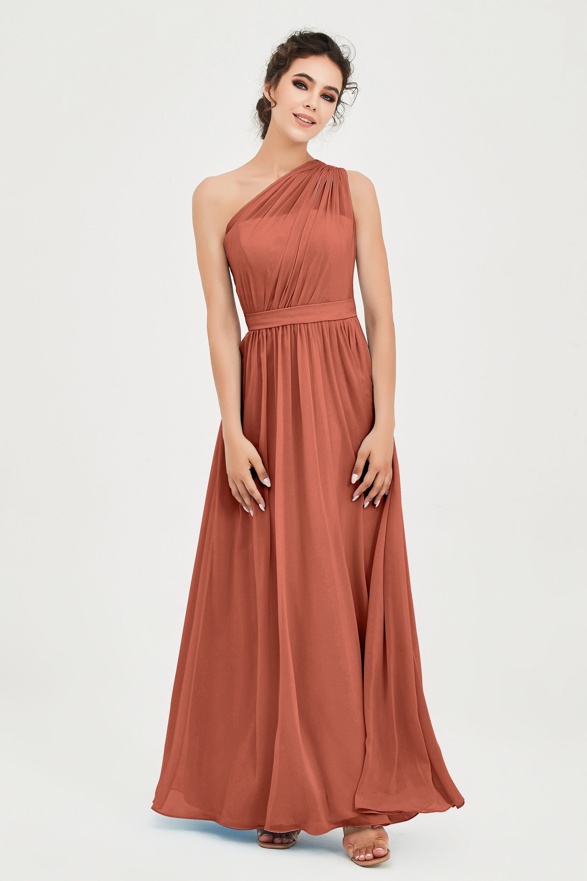 One Shoulder Chiffon Bridesmaid Dress Floor Length Ruched A Line Formal Evening Prom Gowns