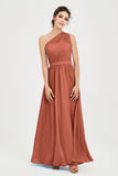 One Shoulder Chiffon Bridesmaid Dress Floor Length Ruched A Line Formal Evening Prom Gowns