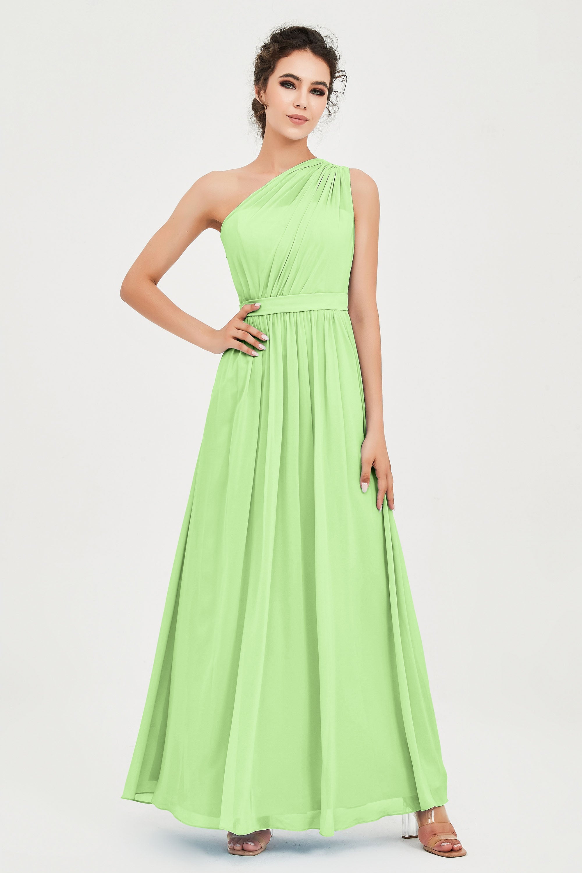 One Shoulder Chiffon Bridesmaid Dress Floor Length Ruched A Line Formal Evening Prom Gowns