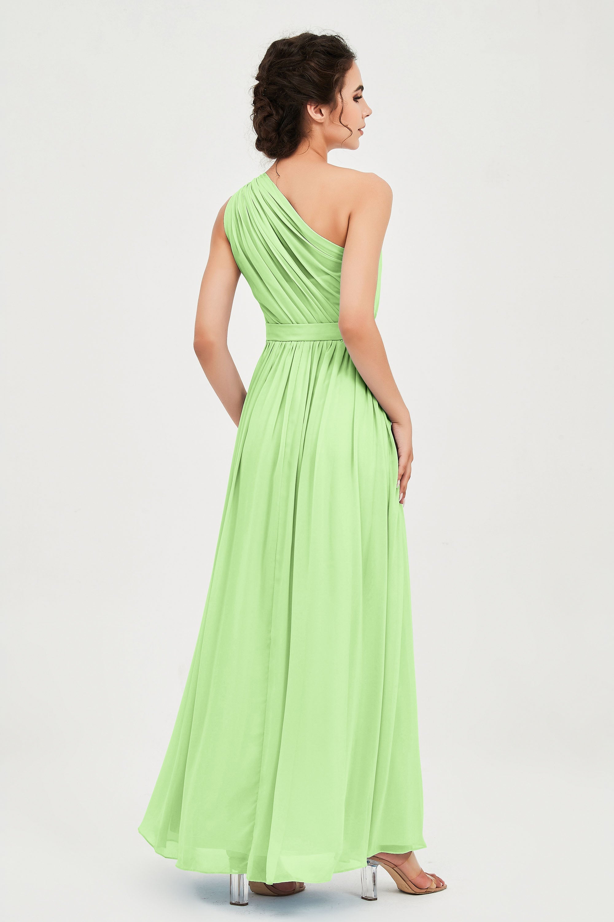 One Shoulder Chiffon Bridesmaid Dress Floor Length Ruched A Line Formal Evening Prom Gowns