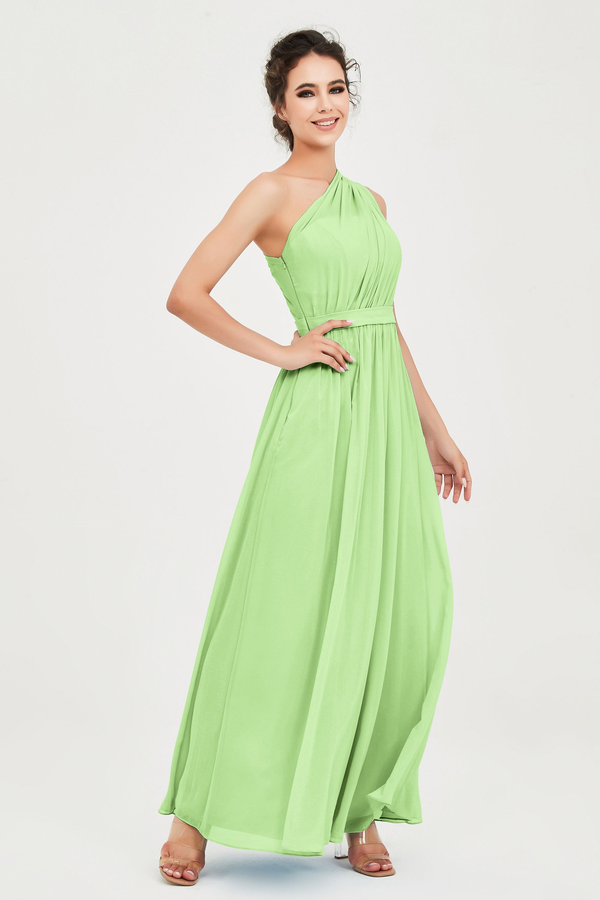 One Shoulder Chiffon Bridesmaid Dress Floor Length Ruched A Line Formal Evening Prom Gowns