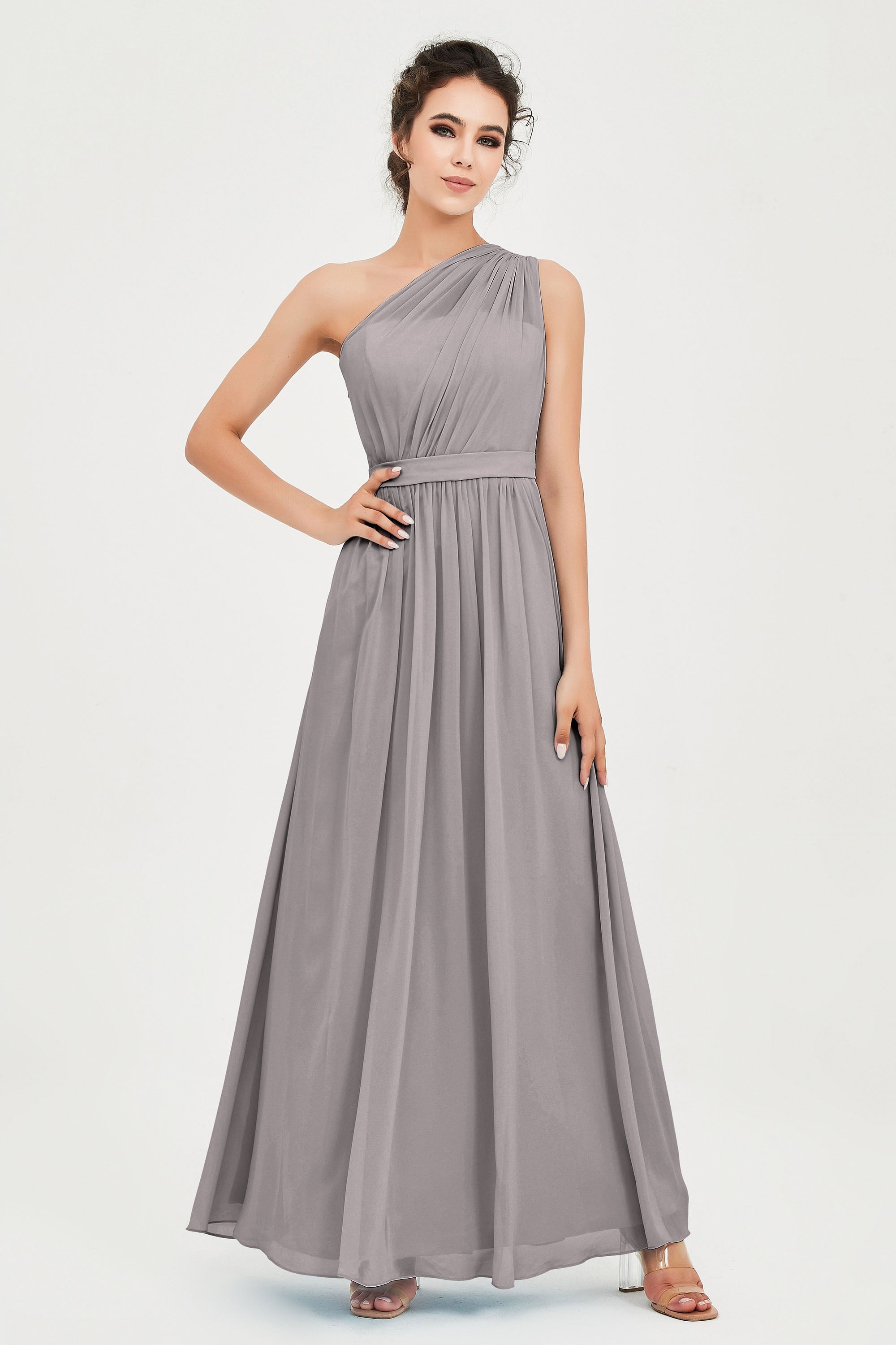 One Shoulder Chiffon Bridesmaid Dress Floor Length Ruched A Line Formal Evening Prom Gowns