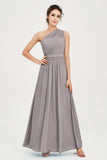 One Shoulder Chiffon Bridesmaid Dress Floor Length Ruched A Line Formal Evening Prom Gowns