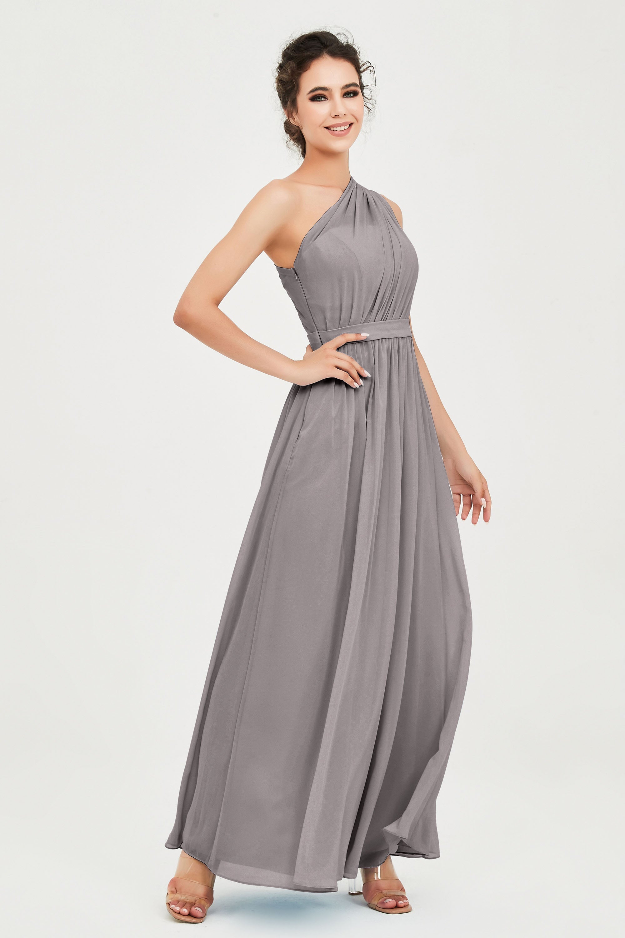 One Shoulder Chiffon Bridesmaid Dress Floor Length Ruched A Line Formal Evening Prom Gowns