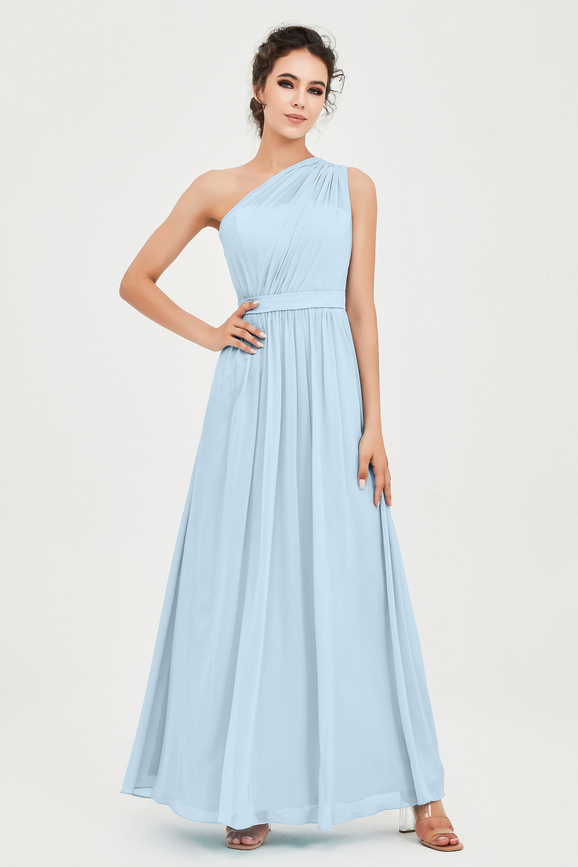 One Shoulder Chiffon Bridesmaid Dress Floor Length Ruched A Line Formal Evening Prom Gowns