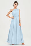 One Shoulder Chiffon Bridesmaid Dress Floor Length Ruched A Line Formal Evening Prom Gowns