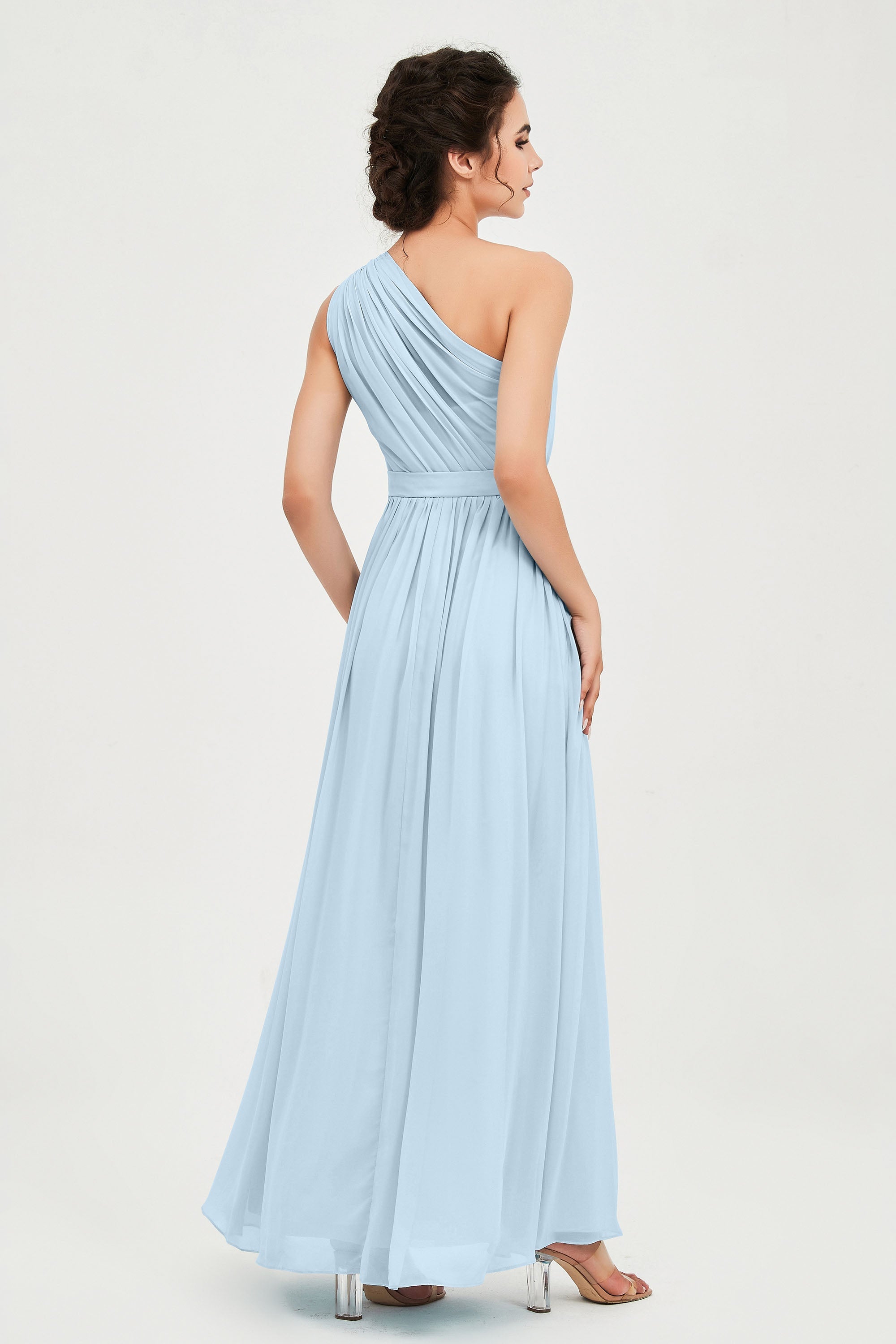 One Shoulder Chiffon Bridesmaid Dress Floor Length Ruched A Line Formal Evening Prom Gowns
